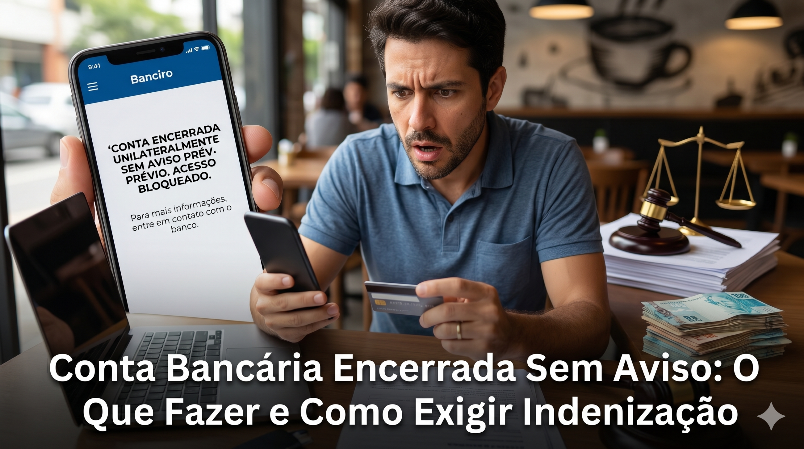 Cliente olhando para conta bancaria bloqueada por ordem judicial