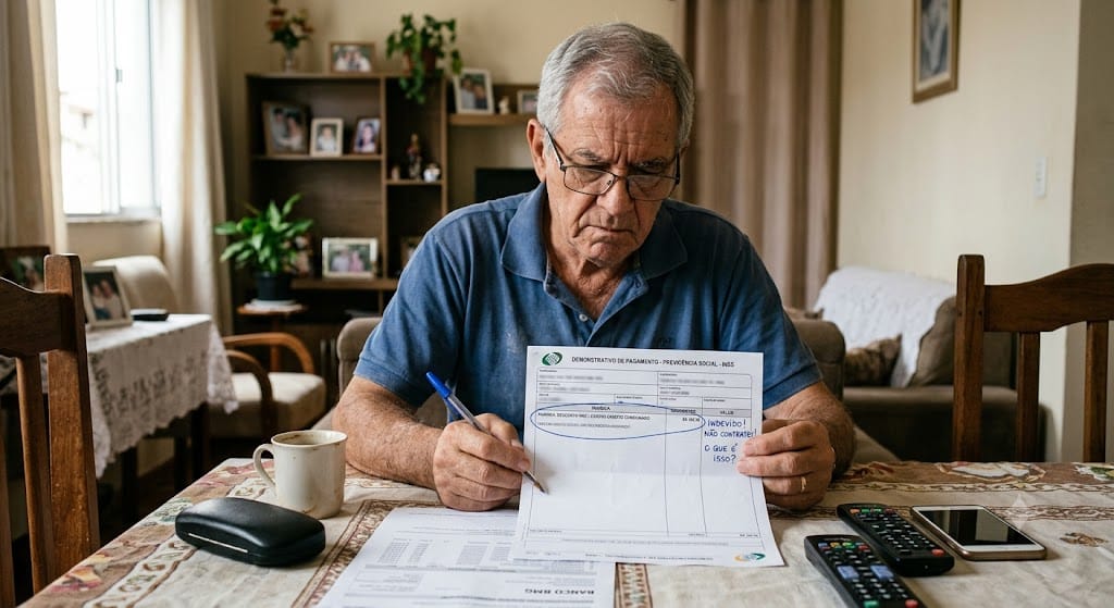 Aposentado analisando desconto indevido no cartão de crédito consignado no contracheque